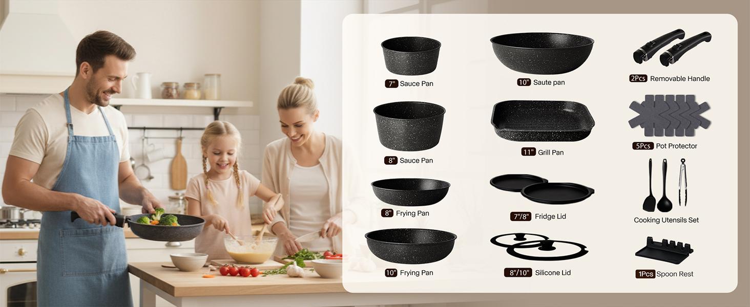 USELUCK-Camping and Baking Removable Handles, Non-Stick Cookware Sets, Essential Stackable Non-Stick Cookware Sets (Oven Safe and RV Friendly), Multiple Colors, Multiple Combinations Available,father'sdaygifts,campingessentials,campinggear