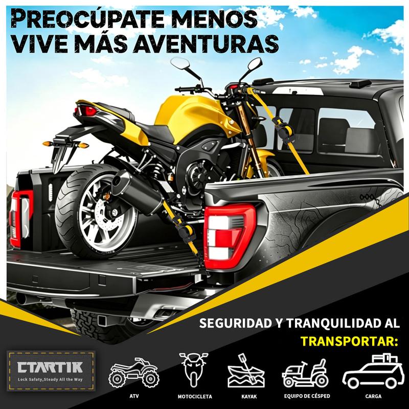 CTARTIK Juego de Correas de Amarre con Trinquete Retráctiles | 2,5cm x 3m | 1.764 lbs Resistencia | Autoajustables | Fijación Segura | Para Moto, Camión y Equipaje | Envío Gratis