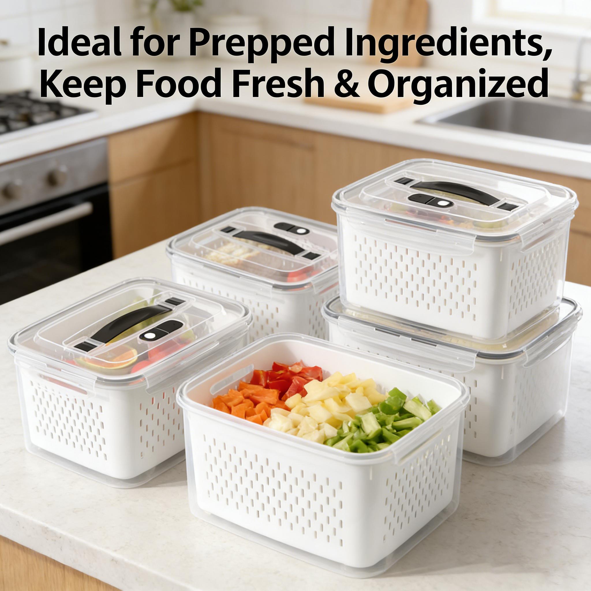 Kitchen Utensils Fridge Storage Organizers (3pcs/5pcs) - Transparent Plastic Stackable Storage Jar Strainer Containers with Removable Colander, Leakproof, Dishwasher & Microwave Safe, Keeps Fruits Vegetables Fresh Longer