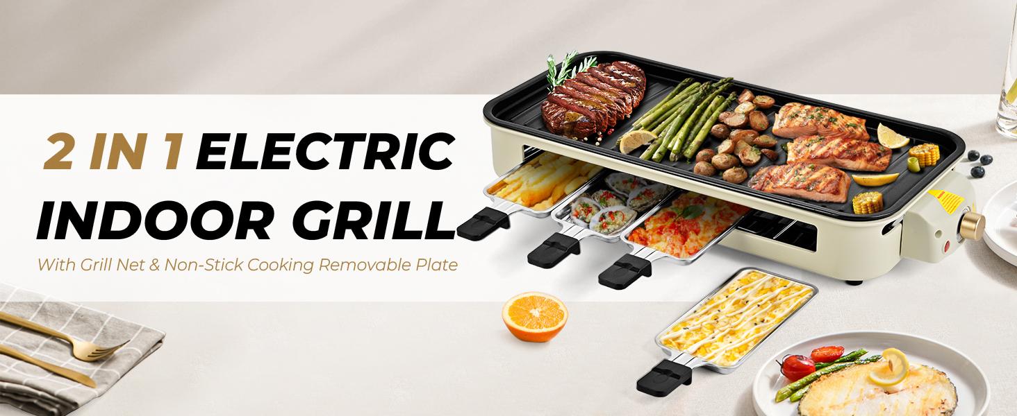 Pukomc Electric Indoor Grill,2 in 1 Indoor Grills for Kitchen with Grill Net & Non-Stick Cooking Removable Plate, Temperature Control, Dishwasher Safe, 1800W Smokeless barbecue Universal Griddle summerwins