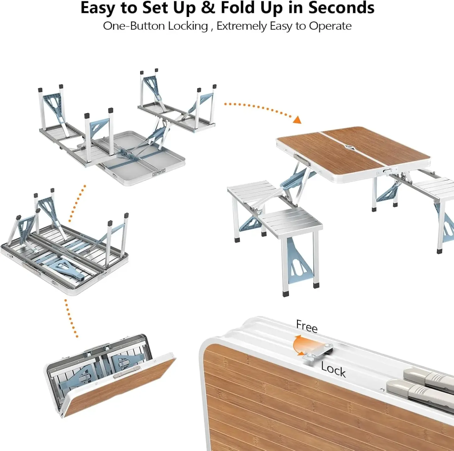  Juego de mesa de picnic plegable para camping de 4 pies con 4 asientos; estructura de aluminio con capacidad de carga de 220 libras; diseño tipo maleta plegable con orificio para sombrilla; ideal para barbacoas, viajes, excursiones, reuniones y a