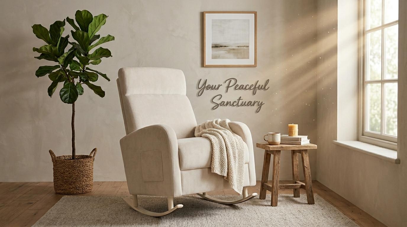 HIPIHOM Rocking Chair Nursery chair,Ergonomically Crafted Recliner, Plush White Fabric Upholstery. Perfect for Living Room, Home Office, Reading Sessions & Soothing Babies.