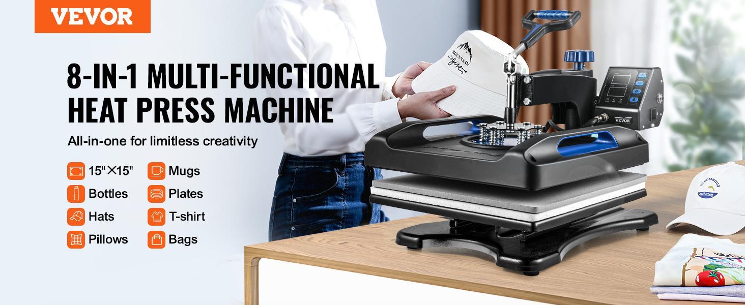 【Father's Day】VEVOR Heat Press Machine 15 x 15 Inch 8 in 1 Heat Press 800W Sublimation Machine 360&deg; Rotation Swing Away 8 in 1 Shirt Printing Machine Dual-Tube Heating for DIY T-Shirts Cap & Mugs Blue