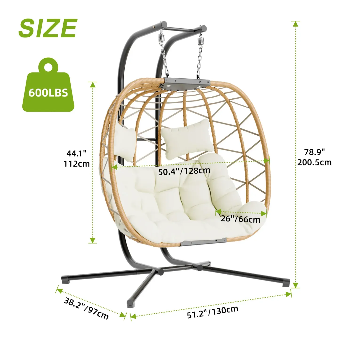 Sillón colgante doble tipo huevo con soporte - Capacidad de 700 libras