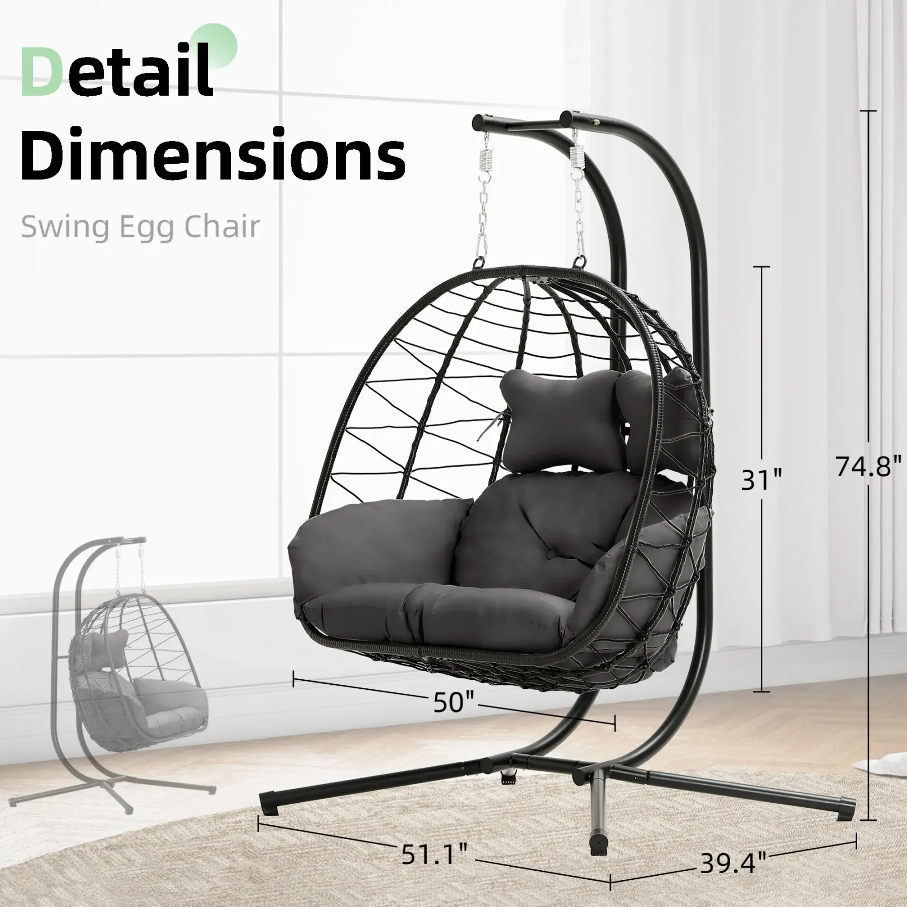 Sillón colgante doble tipo huevo con soporte - Capacidad de 700 libras