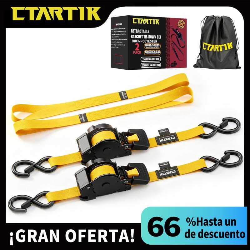 CTARTIK Juego de Correas de Amarre con Trinquete Retráctiles | 2,5cm x 3m | 1.764 lbs Resistencia | Autoajustables | Fijación Segura | Para Moto, Camión y Equipaje | Envío Gratis