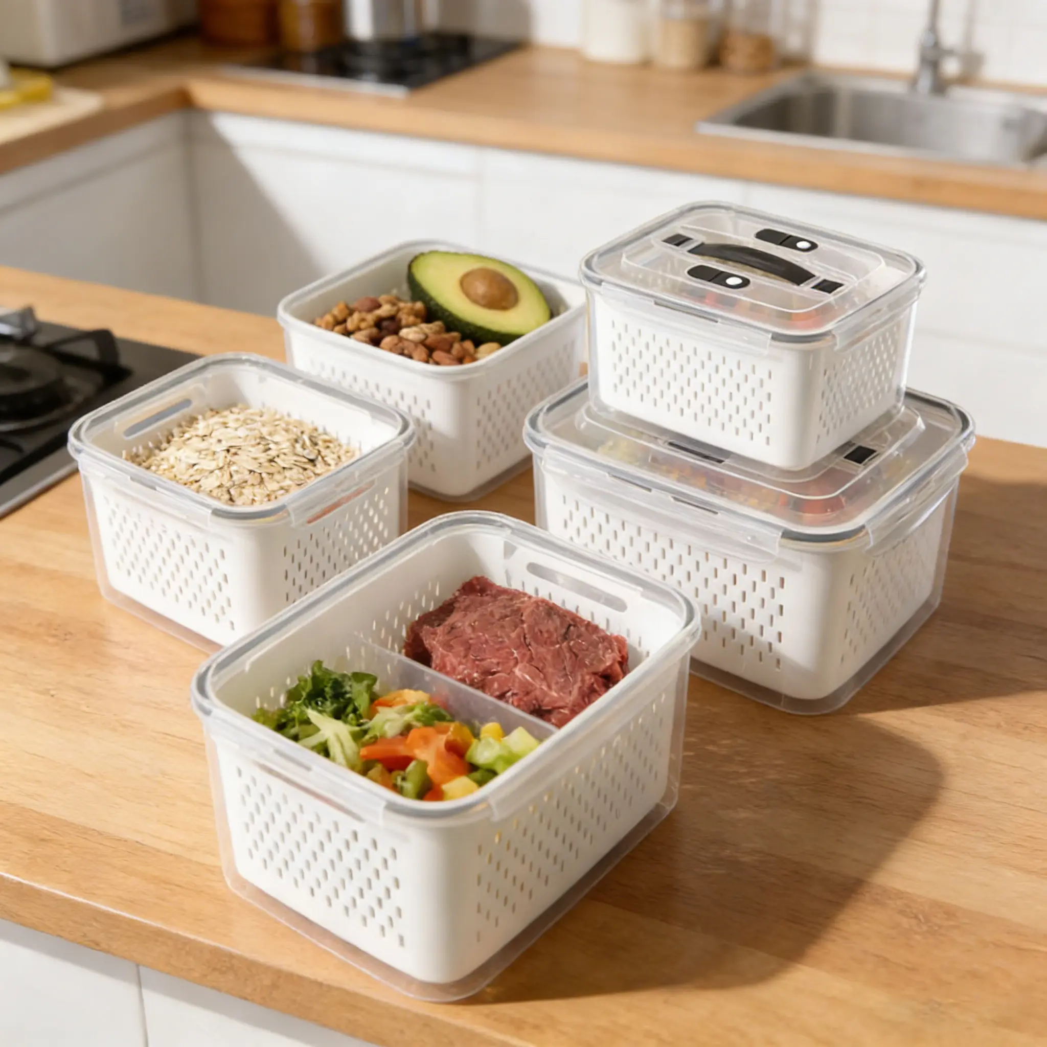 Organizadores de almacenamiento para refrigerador (juego de 3 o 5 piezas): Recipientes apilables de plástico transparente con colador extraíble; herméticos, aptos para lavavajillas y microondas; mantienen frescas por más tiempo las frutas y verduras.
