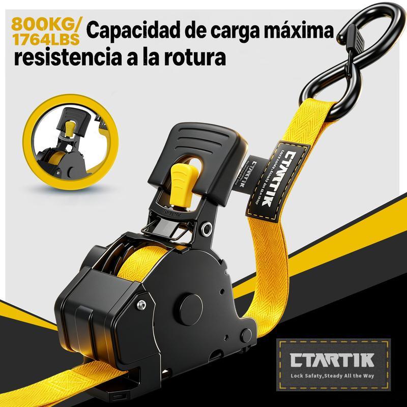 CTARTIK Juego de Correas de Amarre con Trinquete Retráctiles | 2,5cm x 3m | 1.764 lbs Resistencia | Autoajustables | Fijación Segura | Para Moto, Camión y Equipaje | Envío Gratis