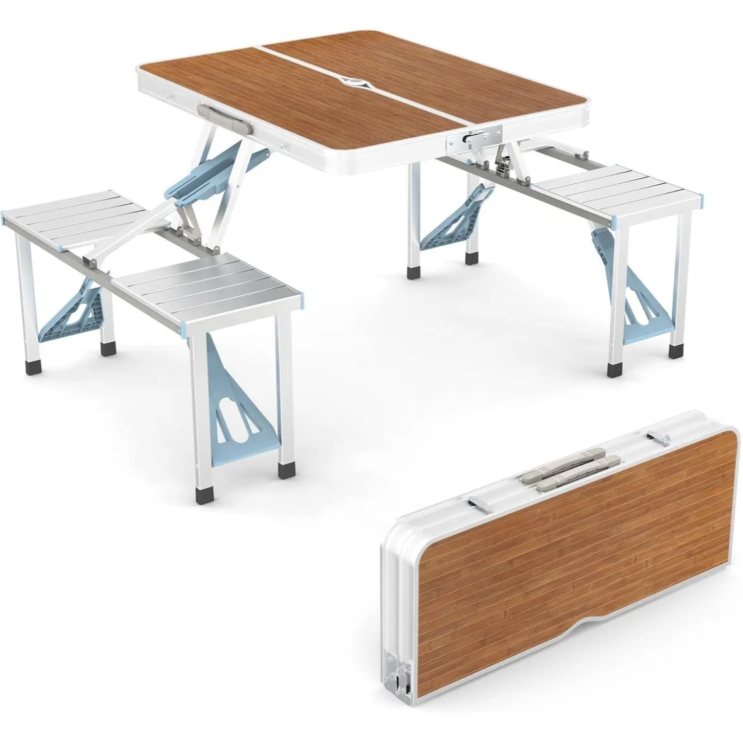  Juego de mesa de picnic plegable para camping de 4 pies con 4 asientos; estructura de aluminio con capacidad de carga de 220 libras; diseño tipo maleta plegable con orificio para sombrilla; ideal para barbacoas, viajes, excursiones, reuniones y a