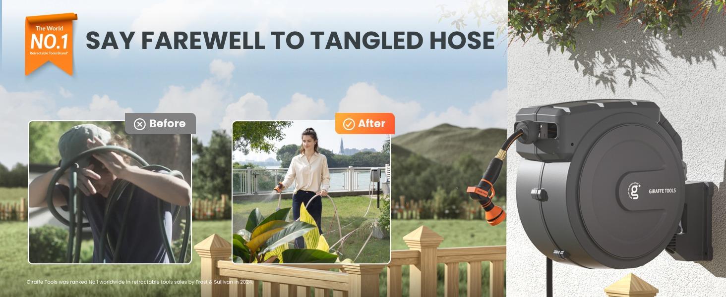Father's Day Gift | Giraffe Tools 300LB Metal Bracket 5/8in 1/2in Tangle-Free Kink-Free Retractable Hose Reel 78ft-130ft with 180&deg; Rotate Large Cover, Bob vila best overall, DS Trigger Mechanism & G-Self-Layering System, 9 Adjust-Nozzle, 2 years warranty