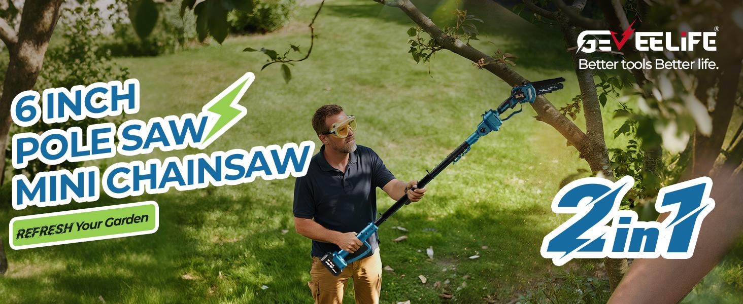 Fathersdaygift,GEVEELIFE 2-in-1 Electric Pole Saw, ChainSaw, Portable Electric Cordless Saw for Wood Cutting,2 Batteries ,Pruning, Gardening, Camping - Suitable for Seniors, Women Holiday gifts【summervibes】,Gift ideas for Dad
