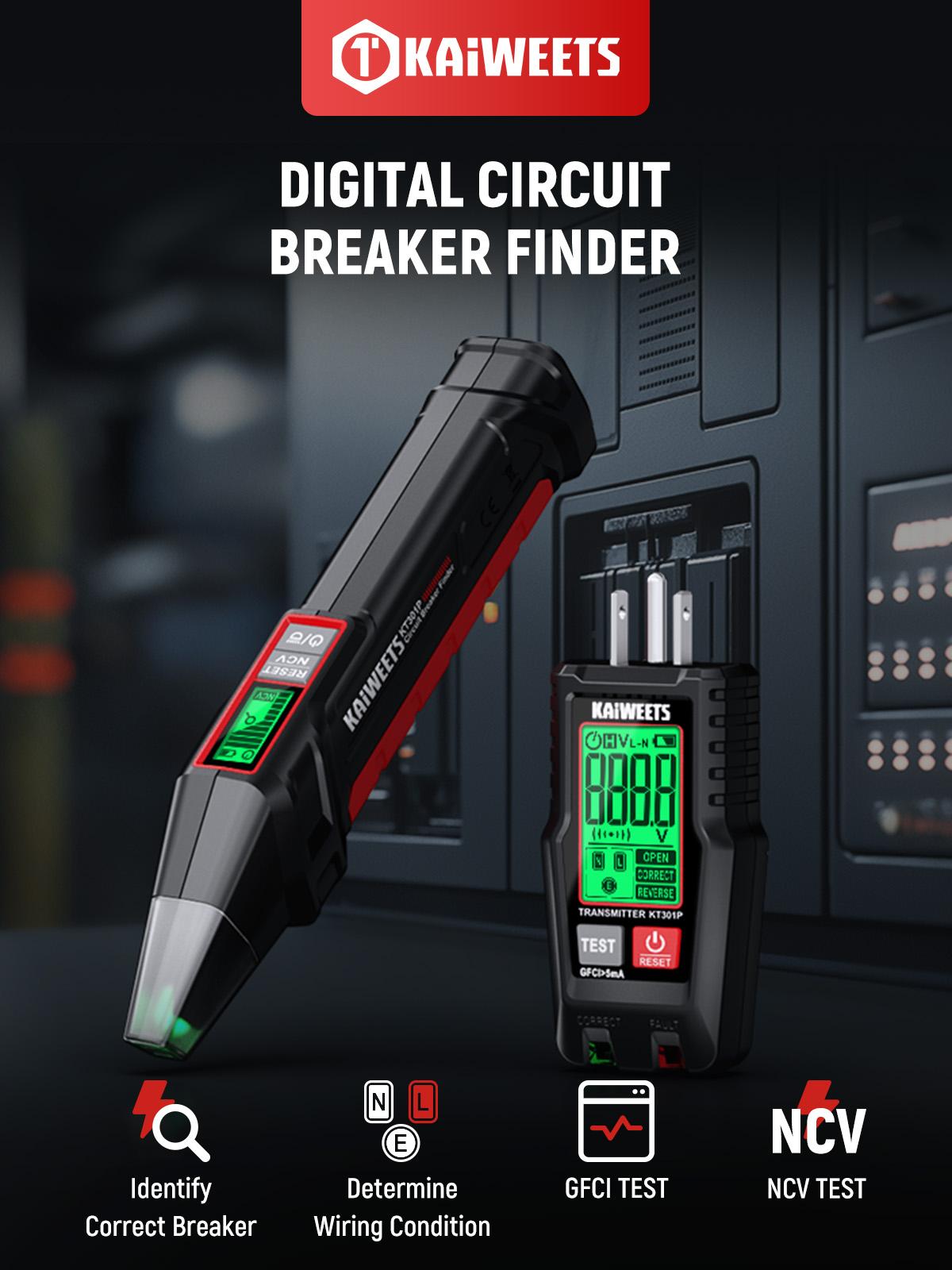 KAIWEETS AC Circuit Breaker Finder Tool with Alert LCD Display, 2-Piece Set Electric Tester and Voltage Tester with Transmitter and Receiver, NCV Function & Flashlight, Non-Contact Cable Tester and Integrated GFCI Outlet Tester, Tool Kit fathersdaygift