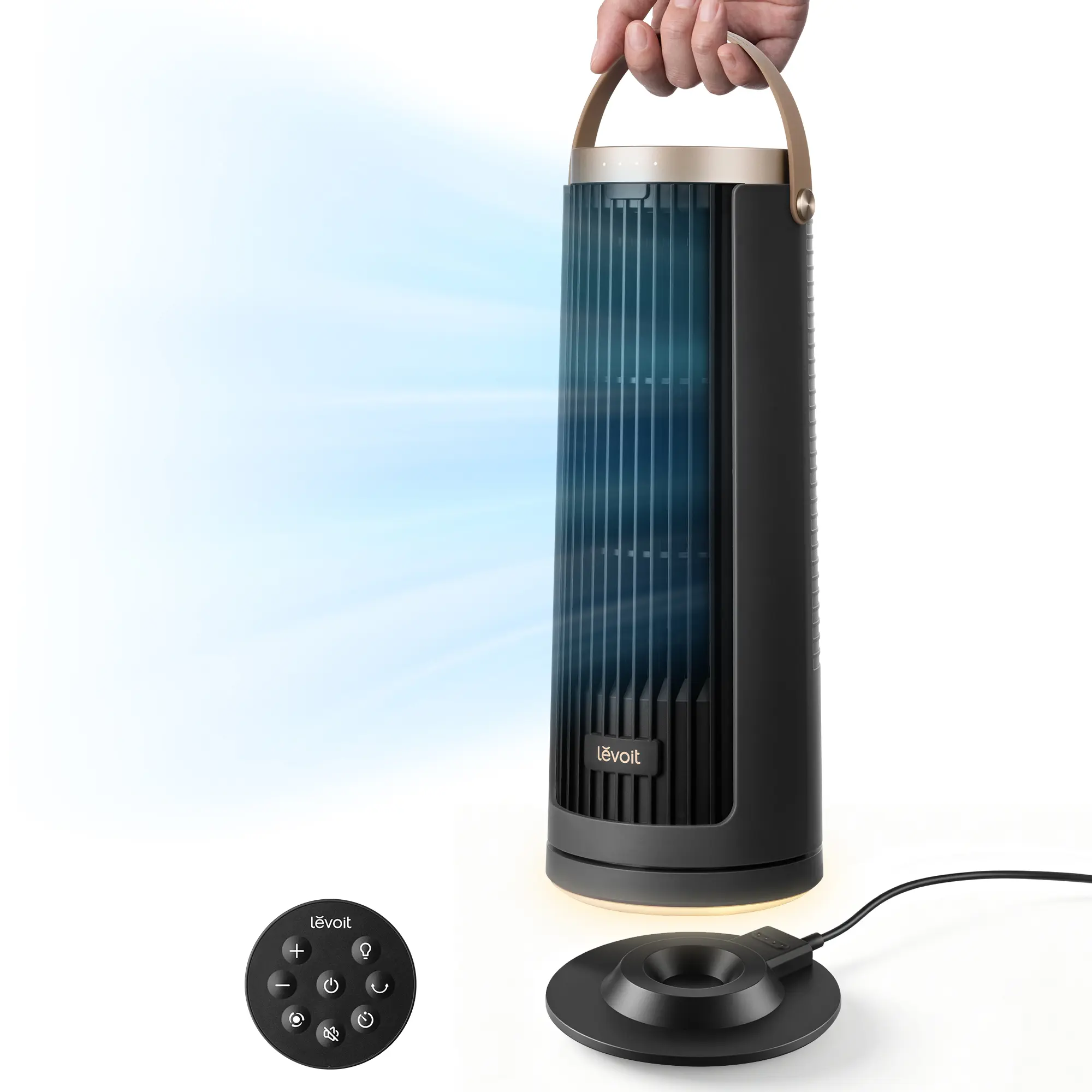 Ventilador de torre  Windi, nuevo modelo, portátil, hasta 20 horas de autonomía, 5 velocidades + Turbo, oscilación de 0 a 90°, motor de CC silencioso de 20 dB, flujo de aire de 23 pies/s, luz nocturna, base de carga plegable, temporizador de 2/4/8/1