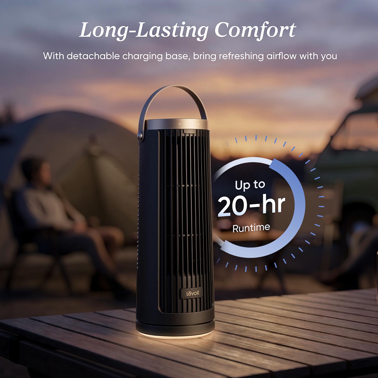 LEVOIT New Arrival Windi Tower Fan, Portable, Up to 20H Runtime, 5 Speeds + Turbo, 0&ndash;90&deg; Oscillation, 20dB Quiet DC Motor, 23 ft/s Airflow, Night Light, Foldable Charging Base, Timer 2/4/8/12H, Cooling Fan, Cordless Fan, SummerWins, DealsForYouDays