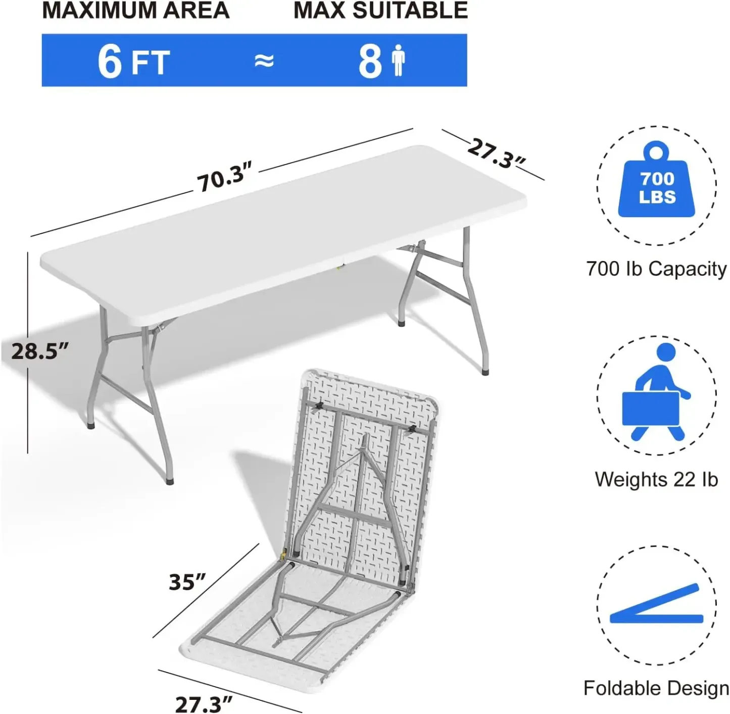 Mesa plegable ligera para exteriores de 1,8 metros (6 pies), mesa de plástico resistente plegable por la mitad con asa de transporte para uso en interiores y picnics.