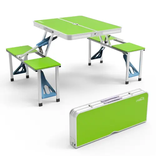  Juego de mesa de picnic plegable para camping de 4 pies con 4 asientos; estructura de aluminio con capacidad de carga de 220 libras; diseño tipo maleta plegable con orificio para sombrilla; ideal para barbacoas, viajes, excursiones, reuniones y a