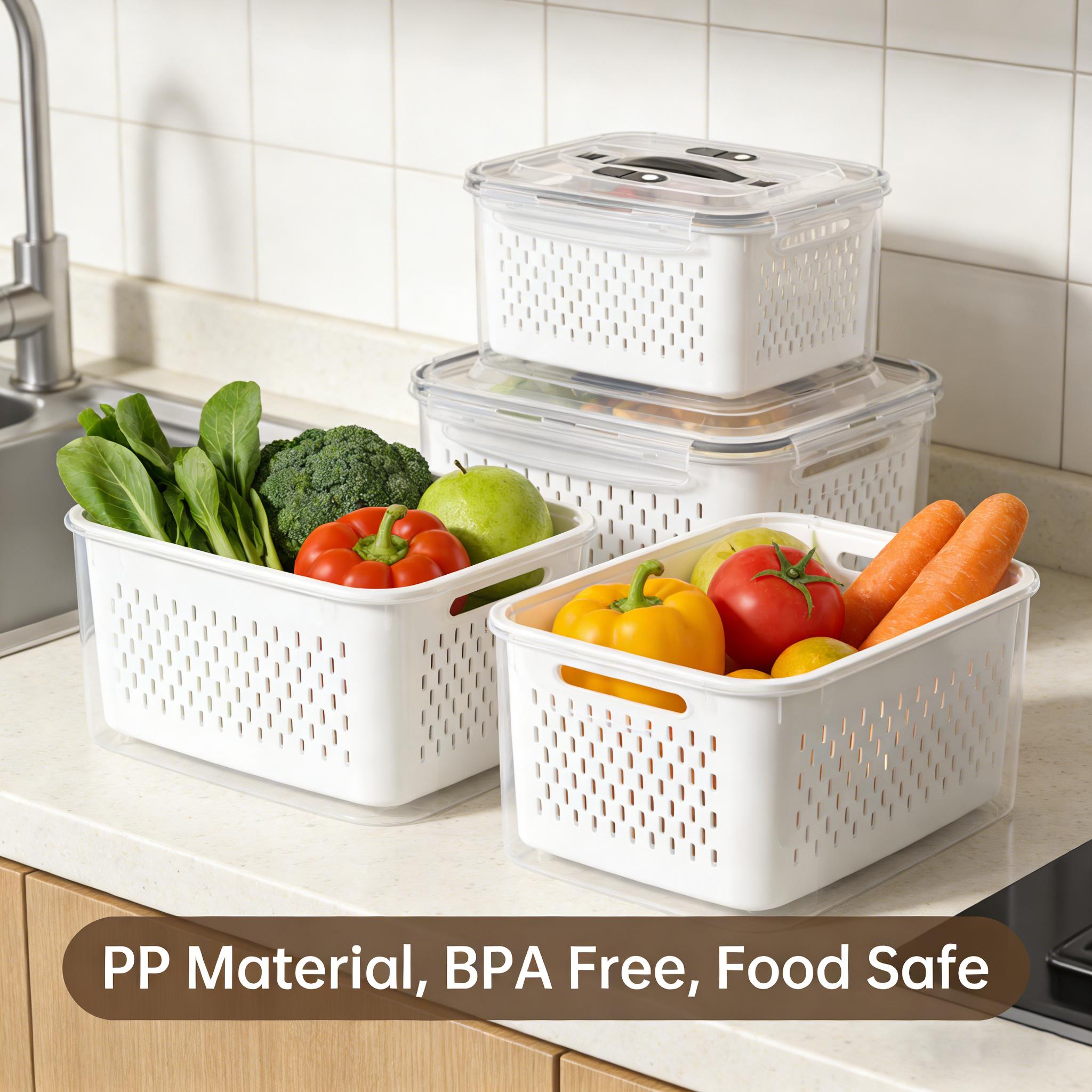 Kitchen Utensils Fridge Storage Organizers (3pcs/5pcs) - Transparent Plastic Stackable Storage Jar Strainer Containers with Removable Colander, Leakproof, Dishwasher & Microwave Safe, Keeps Fruits Vegetables Fresh Longer