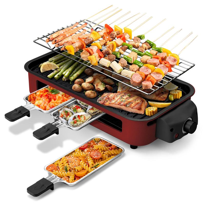 Parrilla Eléctrica Pukomc 1500W sin Humo para Interior, Diseño Extra Largo, Placas Antiadherentes Desmontables, Control de Temperatura y 4 Mini Sartenes Raclette, Fácil de Limpiar