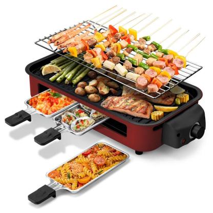 Parrilla Eléctrica Pukomc 1500W sin Humo para Interior, Diseño Extra Largo, Placas Antiadherentes Desmontables, Control de Temperatura y 4 Mini Sartenes Raclette, Fácil de Limpiar