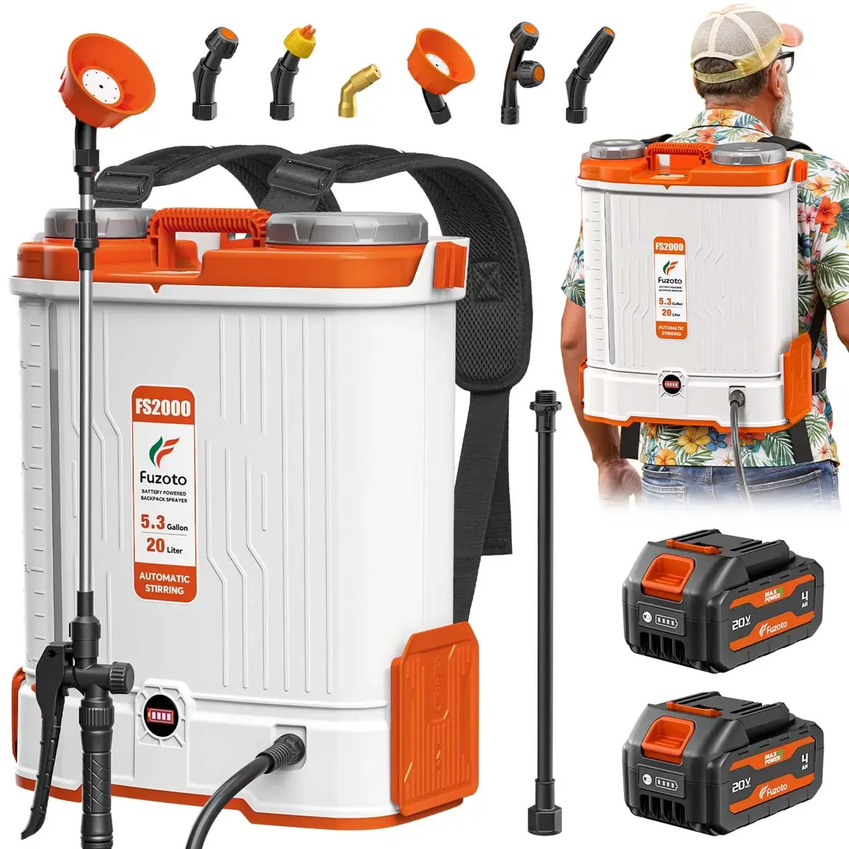 Pulverizador de mochila a batería de 5,3 galones, 2 baterías de gran capacidad de 20 V y presión ajustable de 45-90 PSI; pulverizador eléctrico de mochila para jardín con 6 boquillas, ideal para césped, jardín y patio.