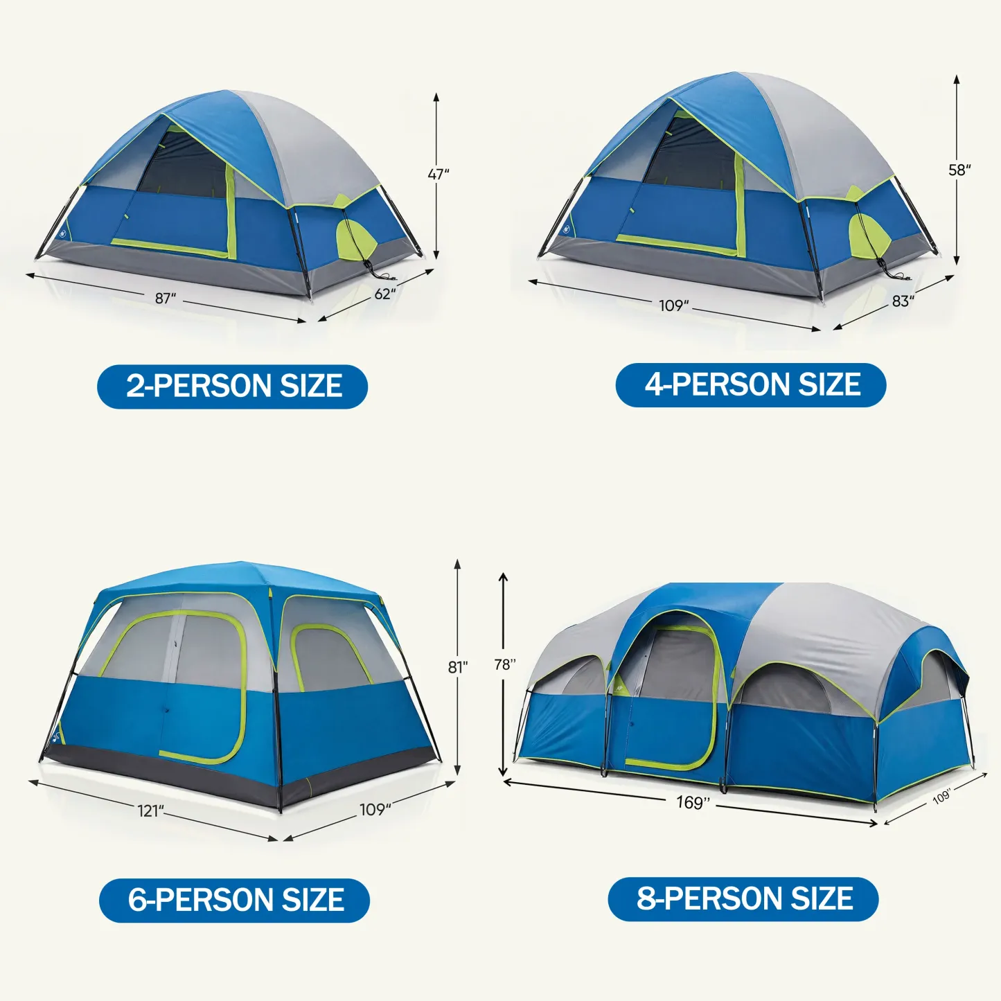 Tienda de campaña familiar extragrande (para 2, 4, 6 u 8 personas), dimensiones de 14 x 9 pies y 78 pulgadas de altura; impermeable y resistente al viento, con acceso para cable eléctrico y montaje sencillo en 5 minutos, ideal para grupos de senderismo y 