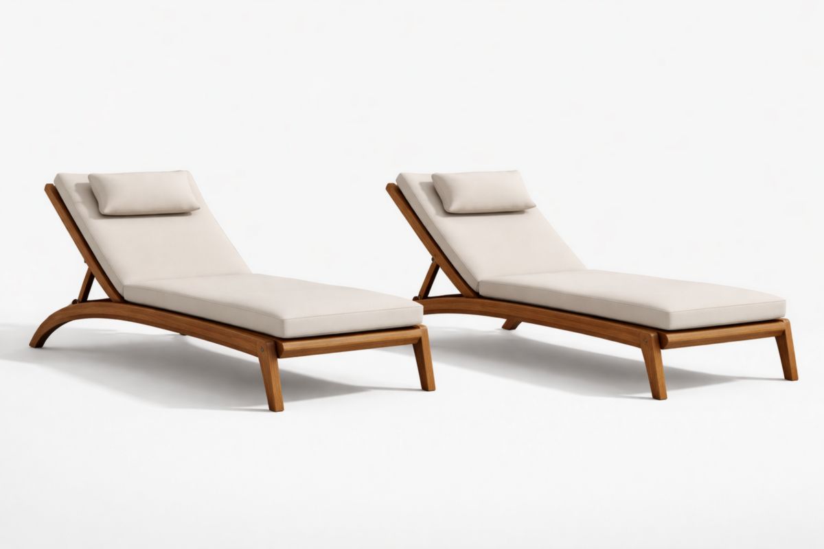 2er Set Sonnenliegen aus Teakholz mit Kissen in Creme