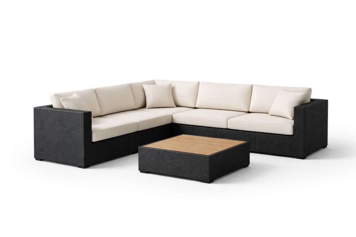 Polyrattan Ecksofa Set mit Couchtisch Beige Schwarz