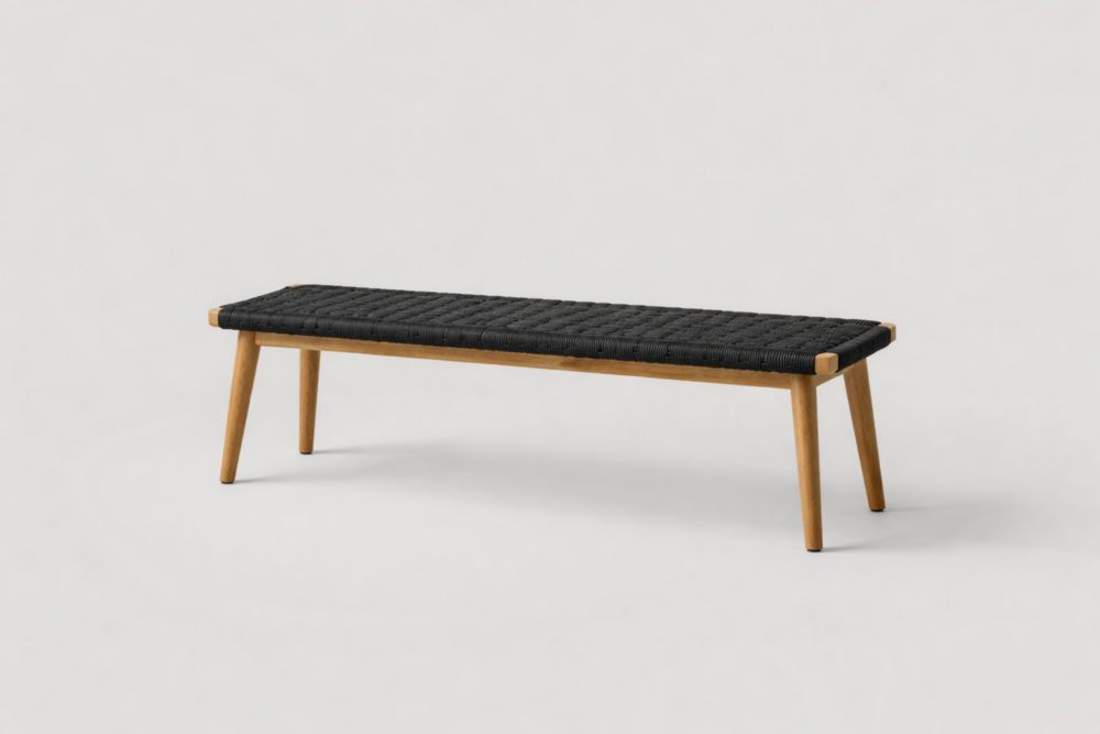 Sitzbank aus Eichenholz mit schwarzem Polyestergewebe