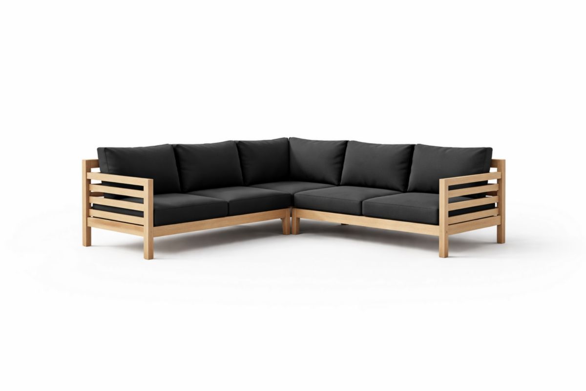 Ecksofa aus Massivholz mit schwarzen Polyesterkissen