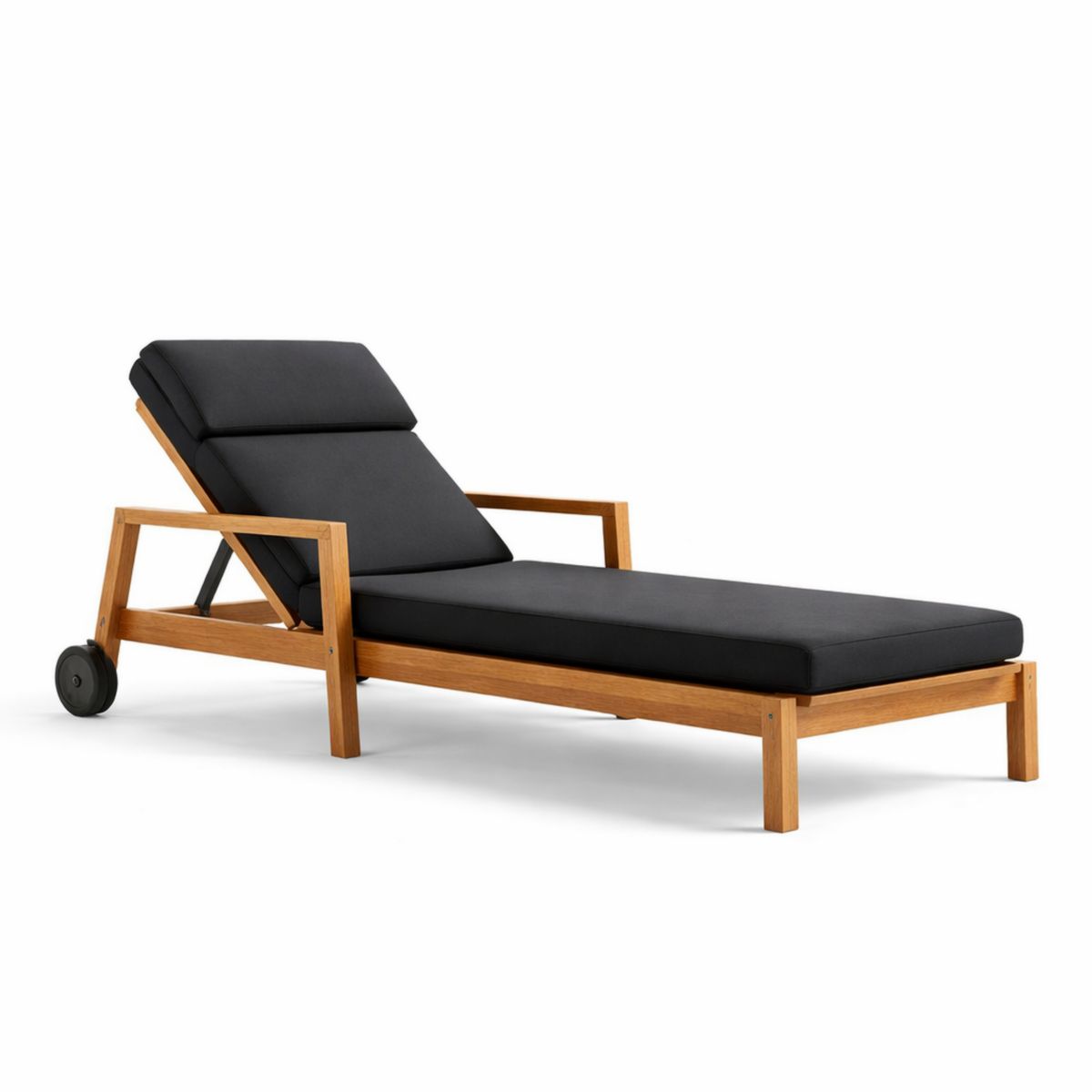 Holz Sonnenliege Teak mit Verstellbarer Rückenlehne und Kissen Schwarz