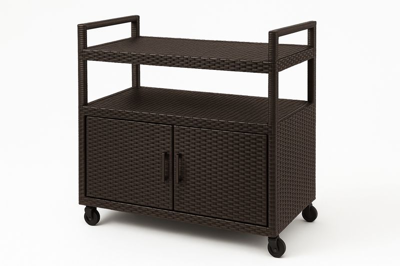 Rattantrolley mit Ablage und Schrank, 80 x 40 x 85 cm, aus Polyethylen, dunkelbraun.