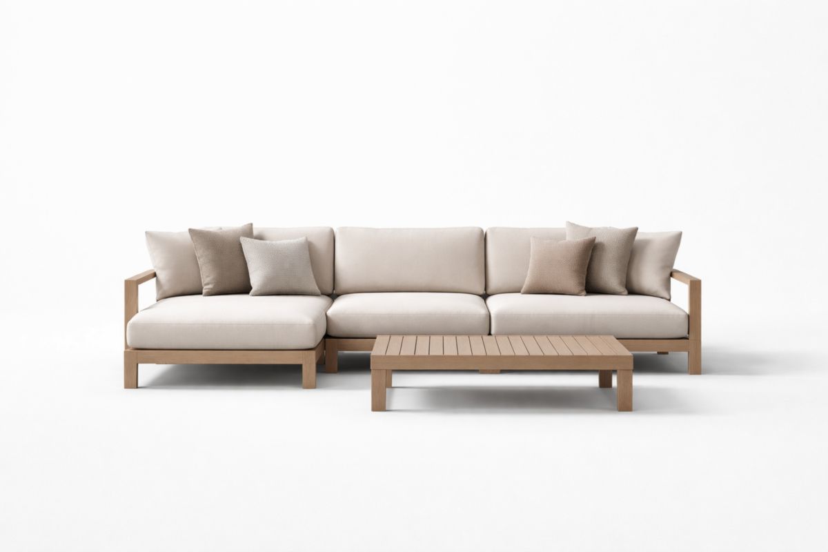 Außenbereich Sofa-Set mit Teakholzrahmen, Tisch und cremefarbenen Polyesterkissen