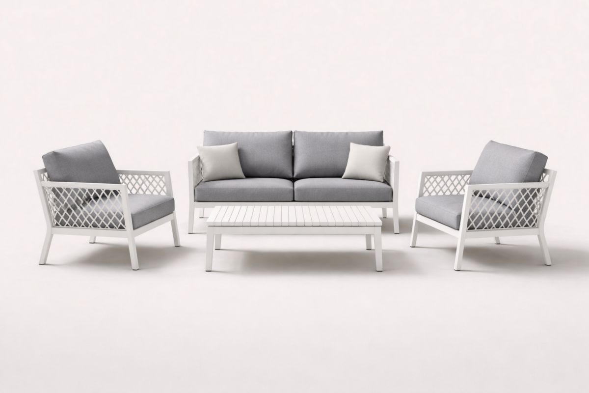 Außenbereich Sofa-Set aus Aluminium, Grau/Weiß, inklusive Sitzgruppe und Kissen