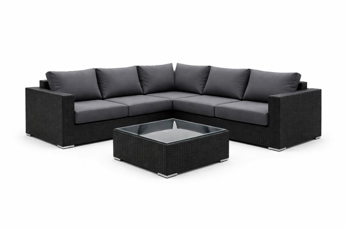 Ecksofa-Set Rattan mit Glastisch Schwarz Grau
