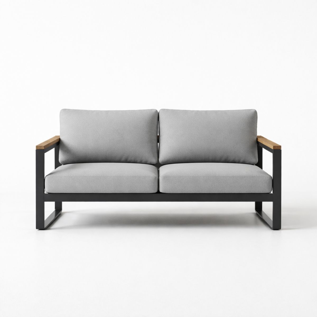 2-Sitzer Sofa mit Aluminiumrahmen und grauen Kissen