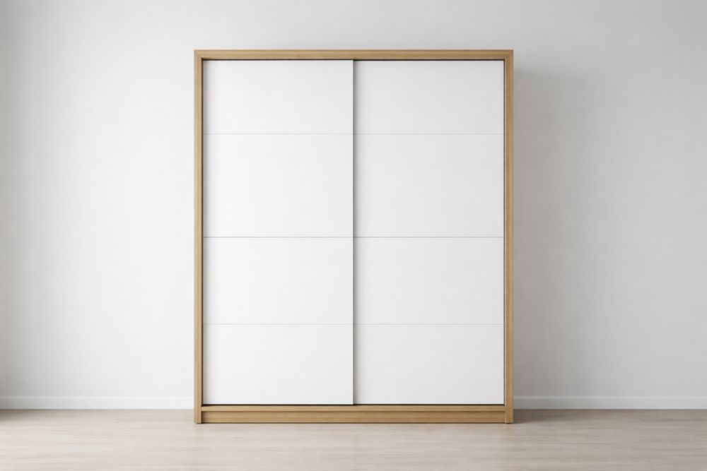 Schiebetürenschrank aus Eichenholz und MDF, Eiche/Weiß