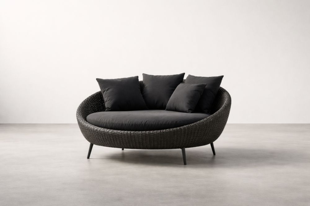 Rundes Outdoor-Loungesofa Rattan Schwarz