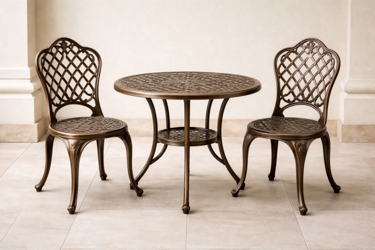 Kaffeetisch-Set aus Aluminium, Rundtisch, 2 Stühle aus Aluminium, Bronze