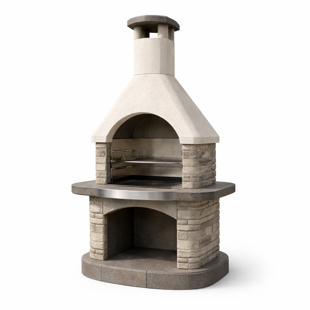 Grillkamin Stein mit Edelstahlgrillrost und Schornstein-DECORELEVATIA