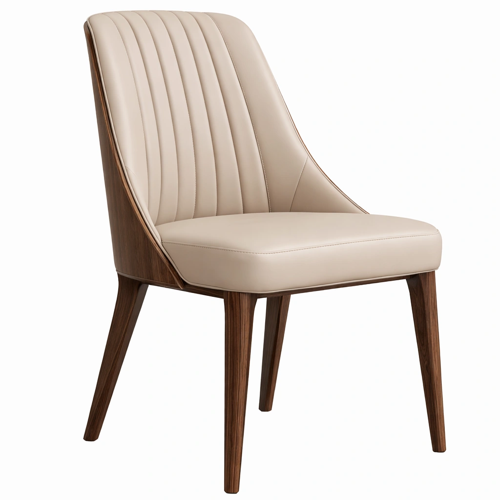 Essstuhl Walnussholz und PU Leder Beige 85x50x60cm-DECORELEVATIA