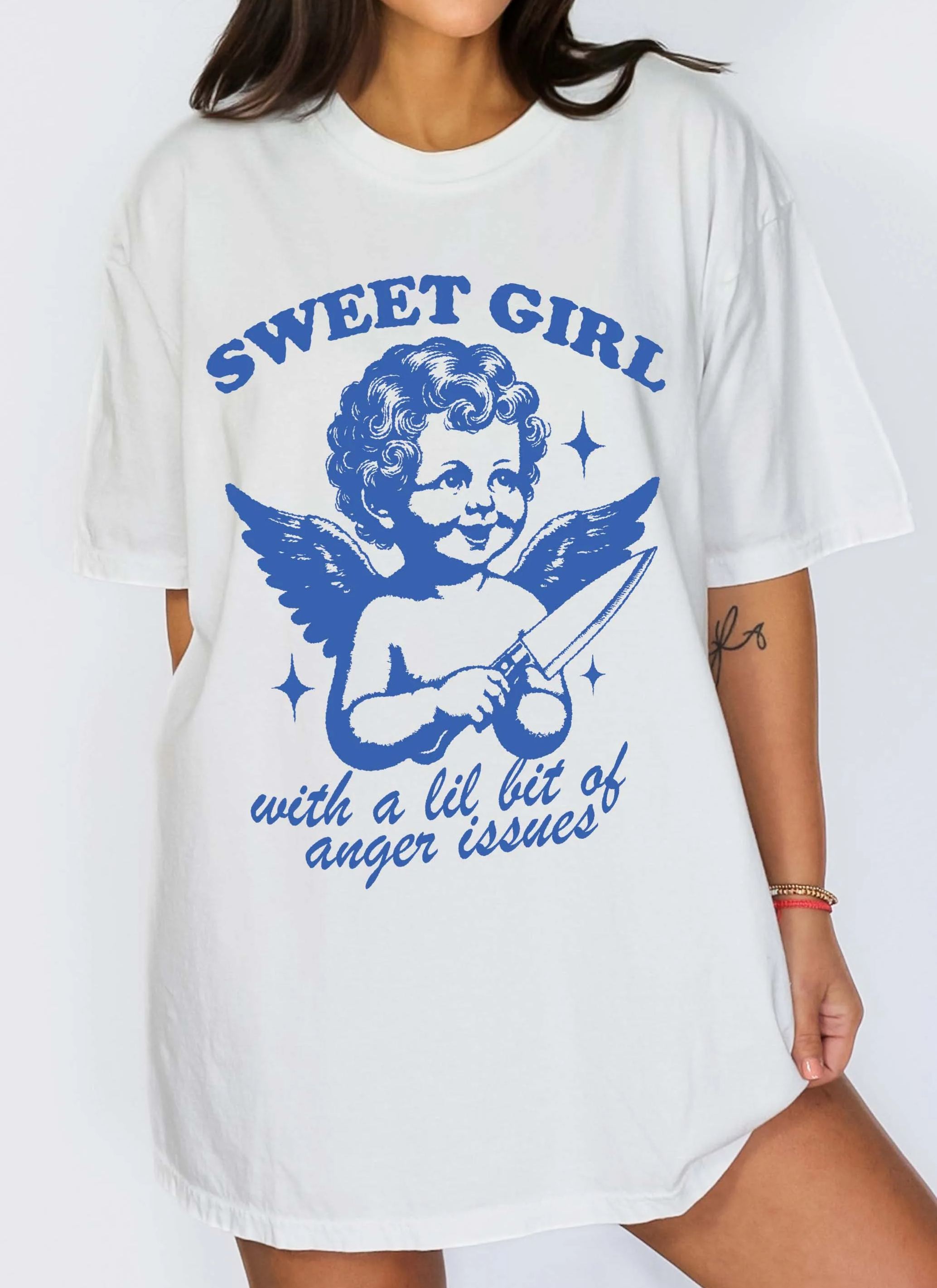 Sweet Girl With Anger Issues Tee – Oversized Angel Knife Graphic Tee
