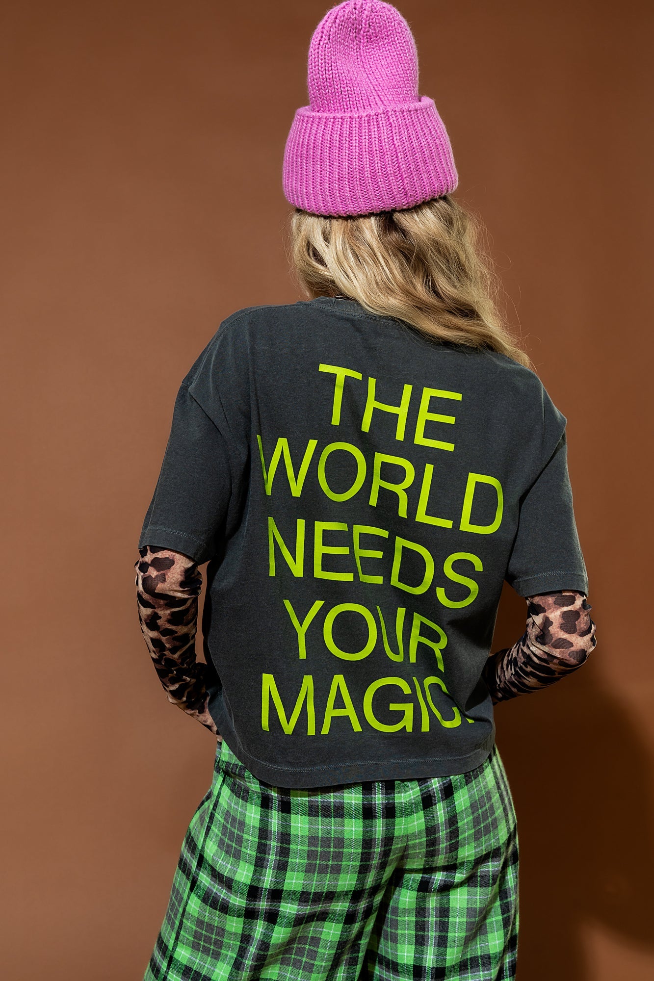 The World Needs Your Magic Crop Tee in Vintage Charcoal + Neon *RESTOCKED*