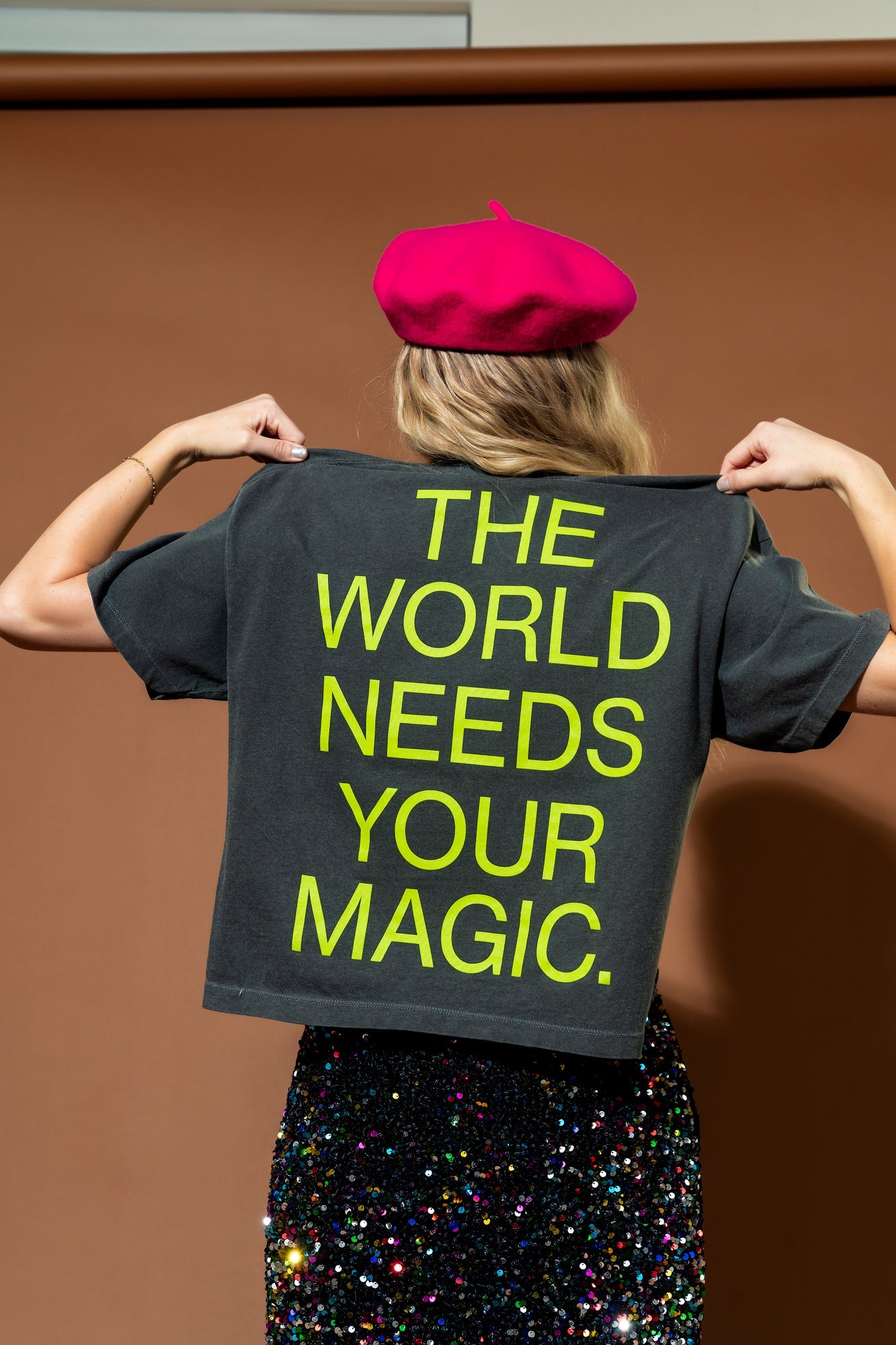 The World Needs Your Magic Crop Tee in Vintage Charcoal + Neon *RESTOCKED*