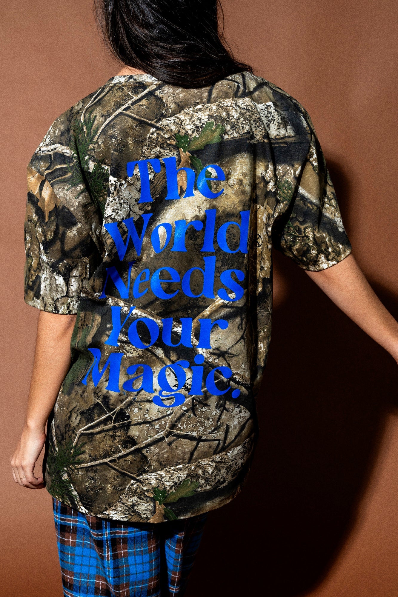 The World Needs Your Magic Oversized Camo Tee in Blue
