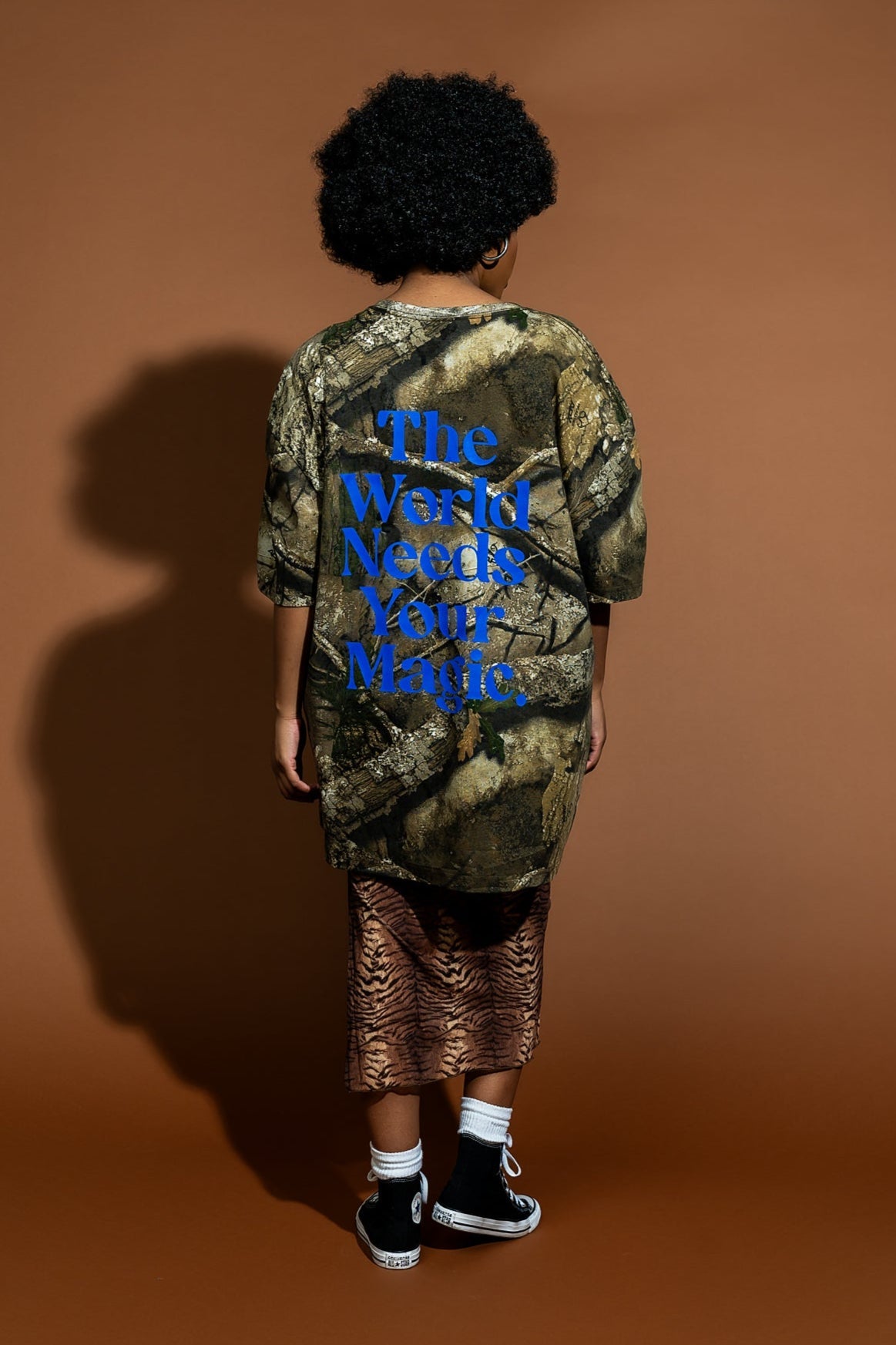 The World Needs Your Magic Oversized Camo Tee in Blue