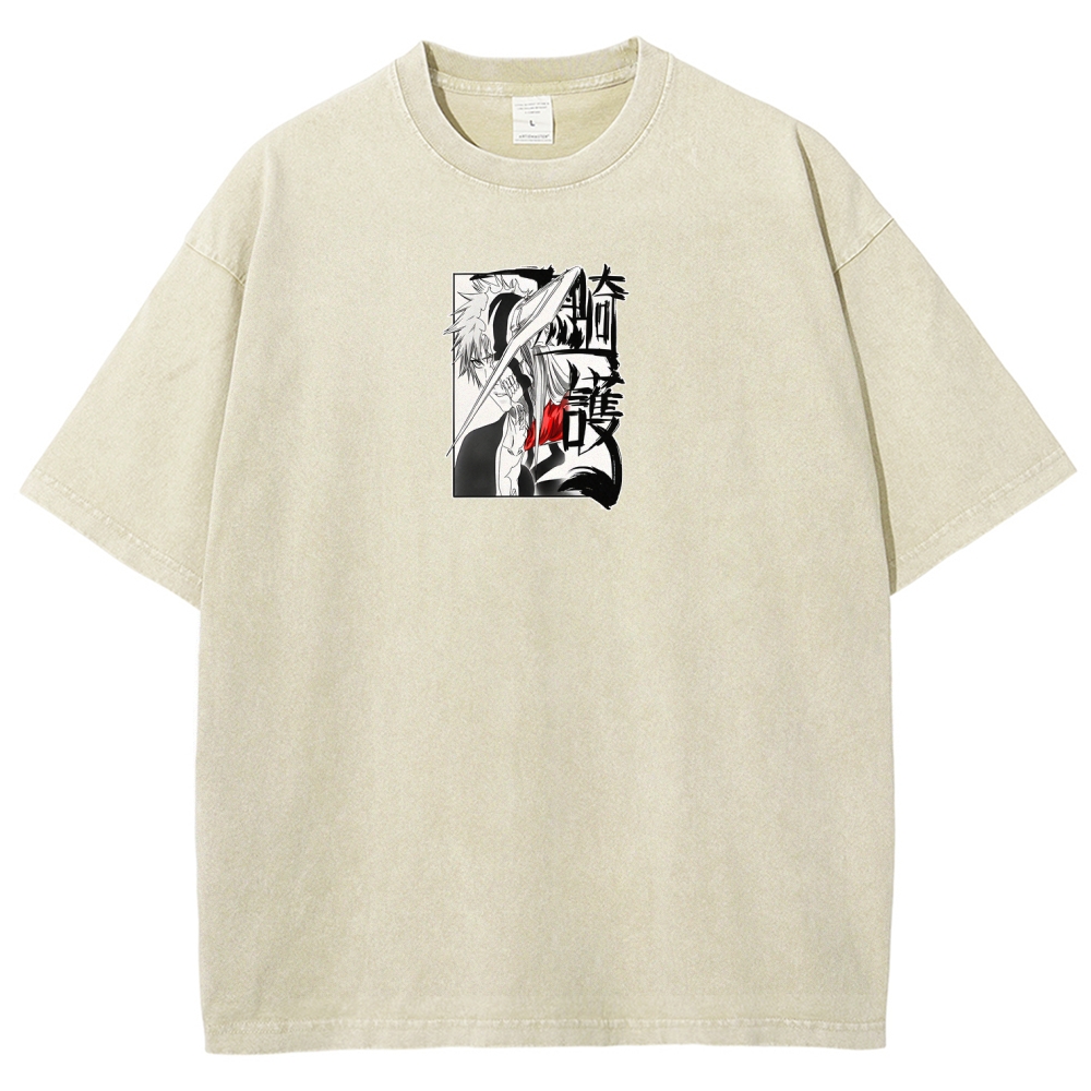 Ichigo Hollow Vintage Washed T-Shirt – Bleach Manga Character Graphic Tee, Retro Oversized Anime Streetwear