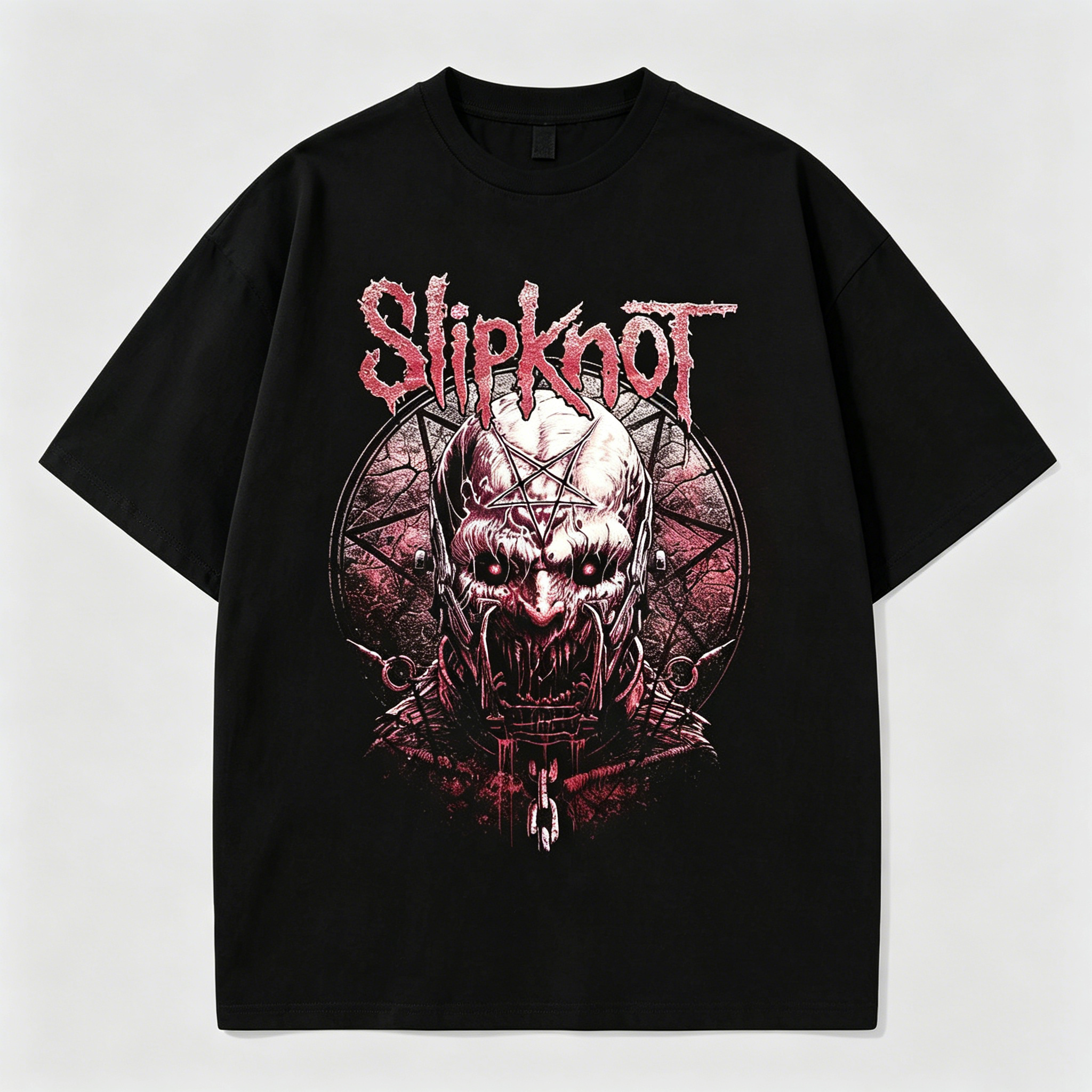 Pentagram Blood Demon Mask Distressed Oversized Black Tee