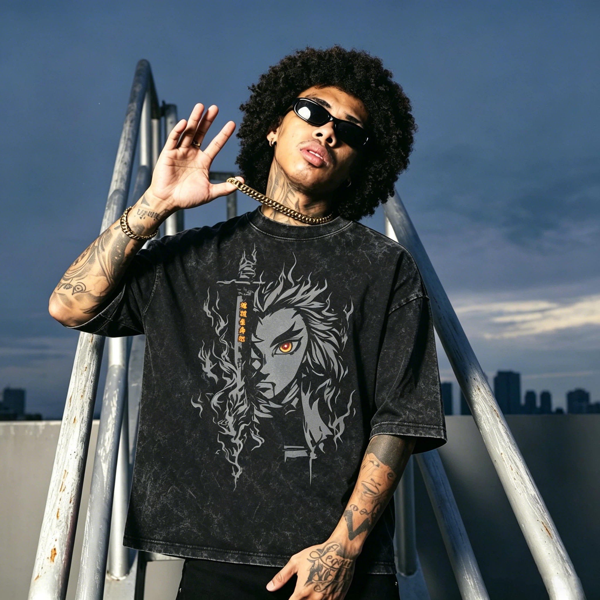 Rengoku Kyojuro Acid Wash Oversized Streetwear T-Shirt