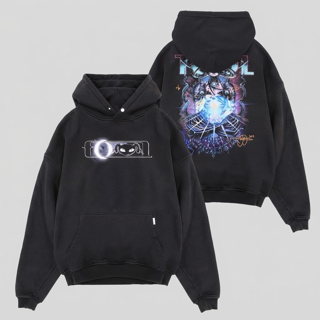 Glowing Moon Cat Front Psychedelic Back Oversized Hoodie