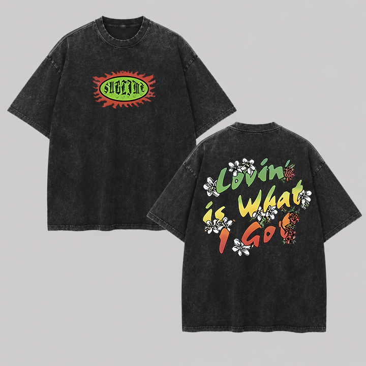 Flame Border Chest Logo Gradient Floral Text Back Tee